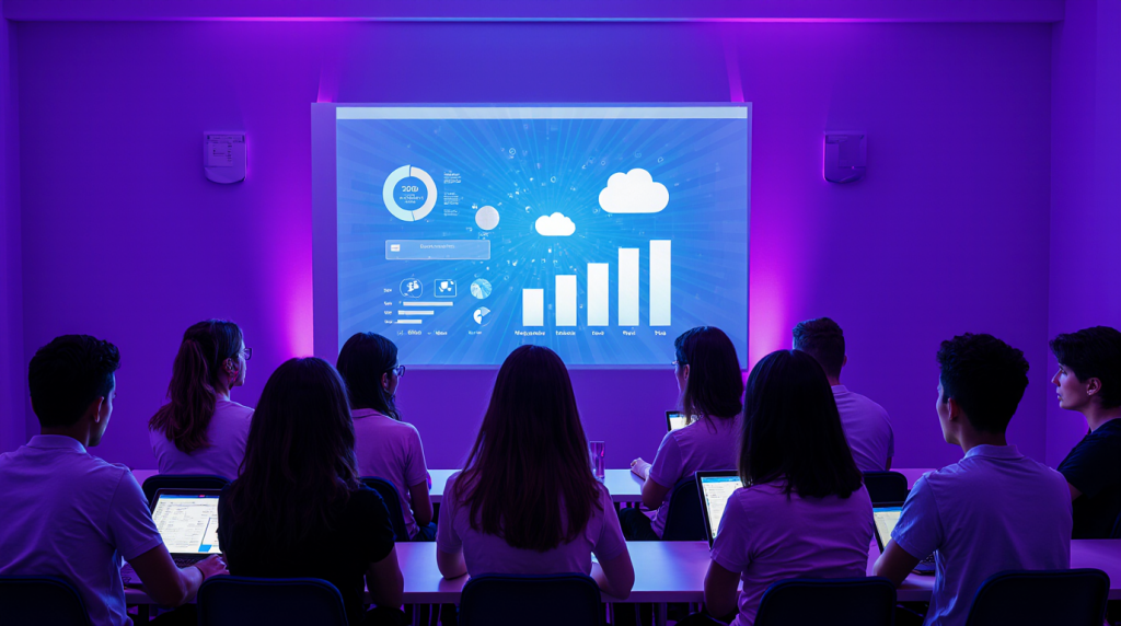 Imagen de estudiantes usando tecnología